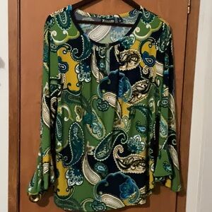 Green and Yellow Graphic 3/4 Sleeve Blouse